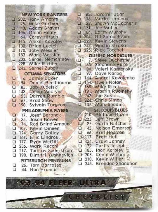 Checklist 93-94 Fleer Ultra
