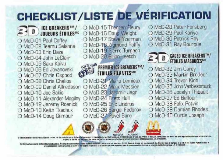 Checklist 96-97 Pinnacle McDonald's