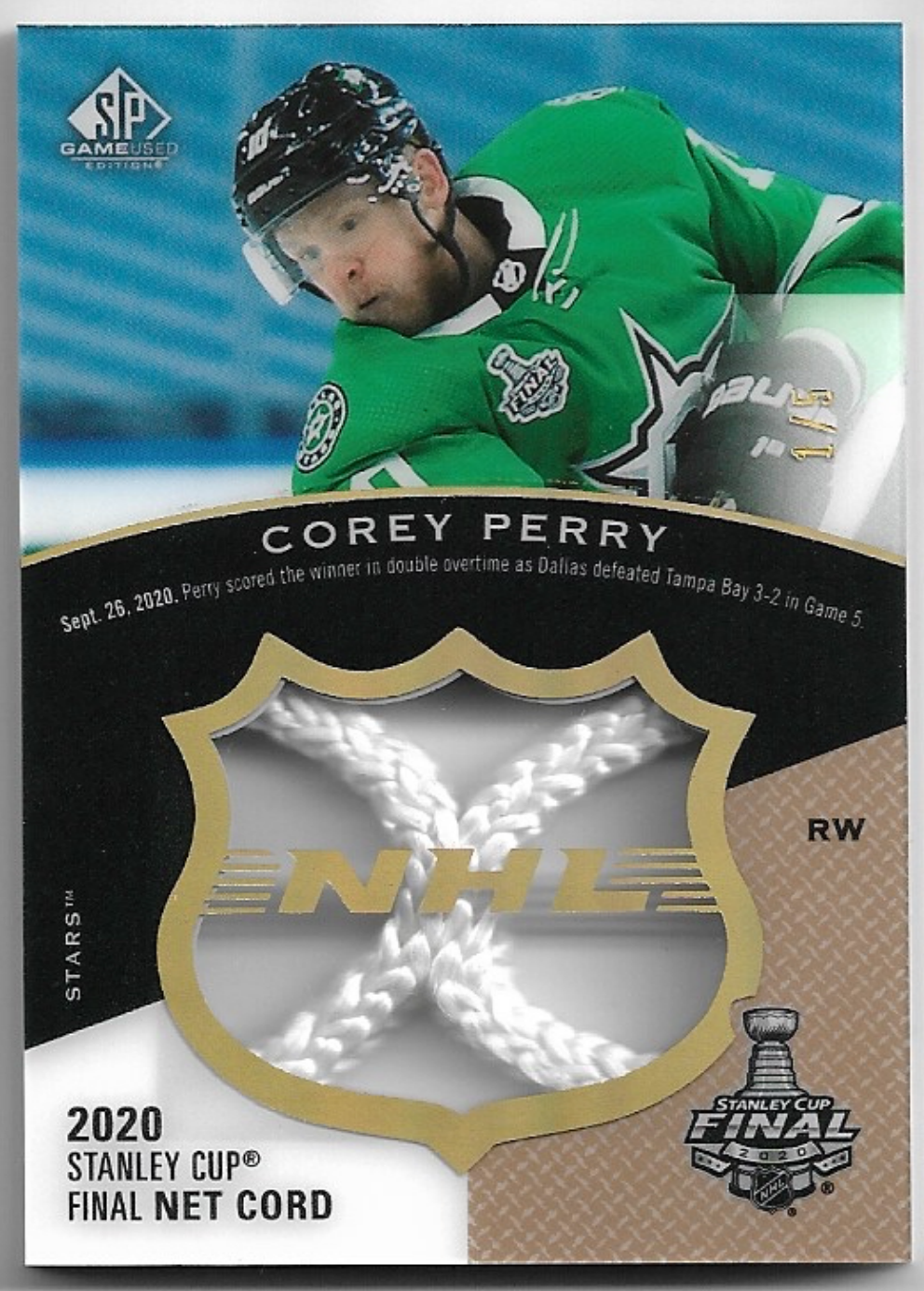 Gold 2020 NHL Stanley Cup Finals Net Cord COREY PERRY 21-22 SP Game Used /5