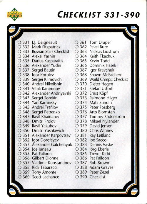 CHECKLIST 92-93 Upper Deck