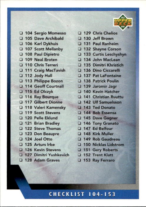 CHECKLIST 93-94 Upper Deck