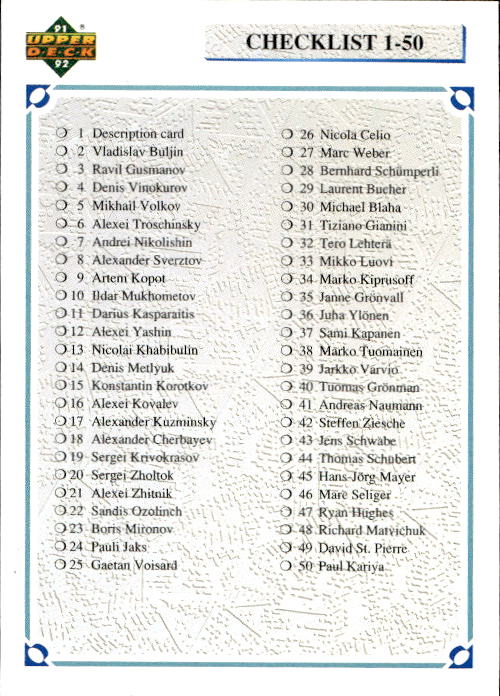 Checklist 91-92 Upper Deck Czech