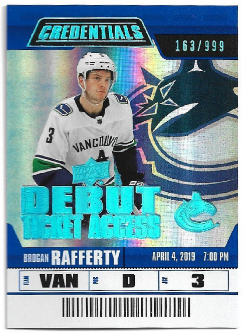Rookie Debut Ticket Access BROGAN RAFFERTY 19-20 UD Credentials /999