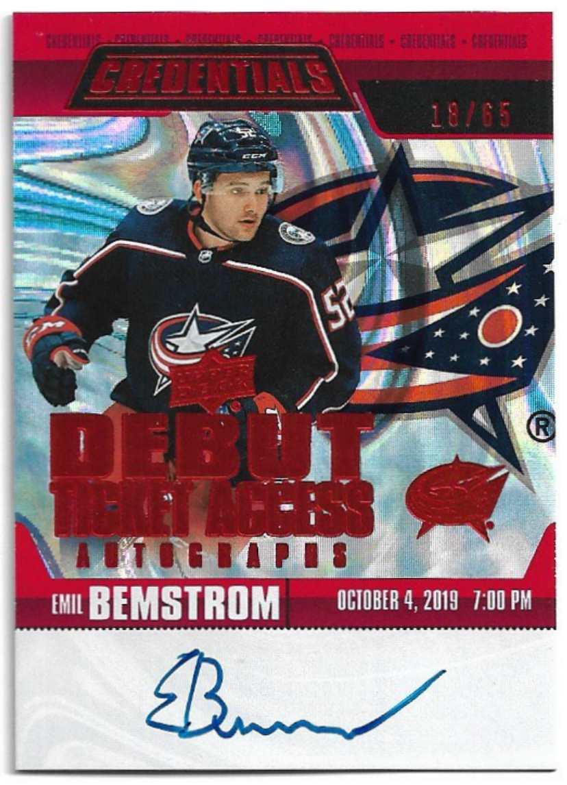 Autograph Rookie Red Debut Ticket Access EMIL BEMSTROM 19-20 UD Credentials /65