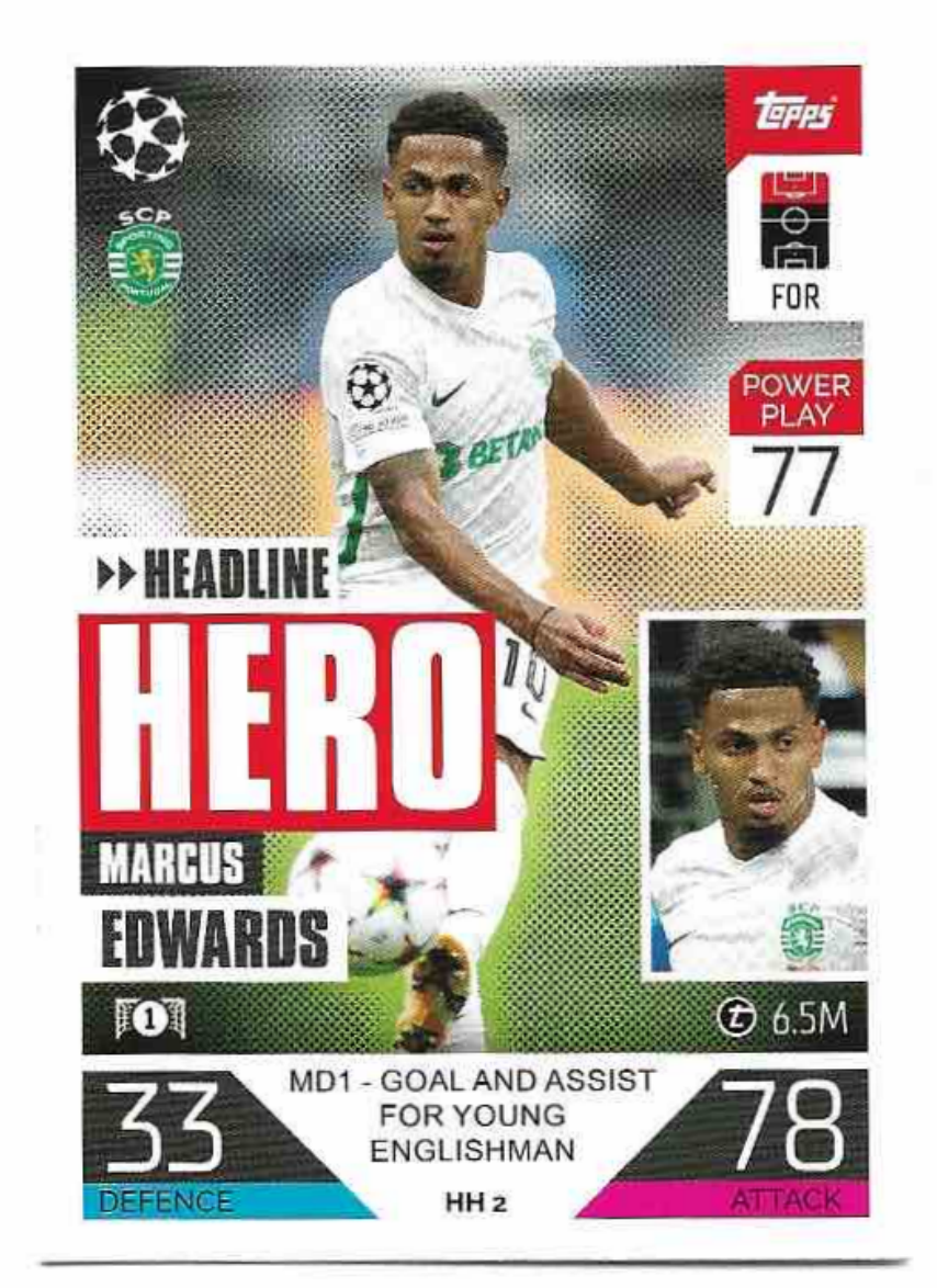 Headline Hero MARCUS EDWARDS 2023 Match Attax Extra UCL