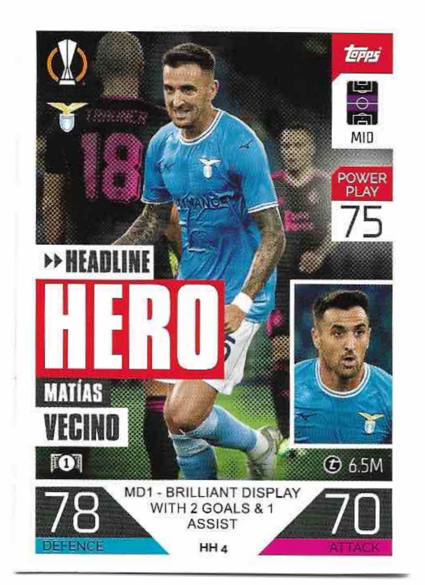 Headline Hero MATIAS VECINO 2023 Match Attax Extra UCL