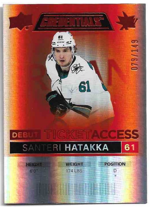 Rookie Orange Debut Ticket Access SANTERI HATAKKA 21-22 UD Credentials /149