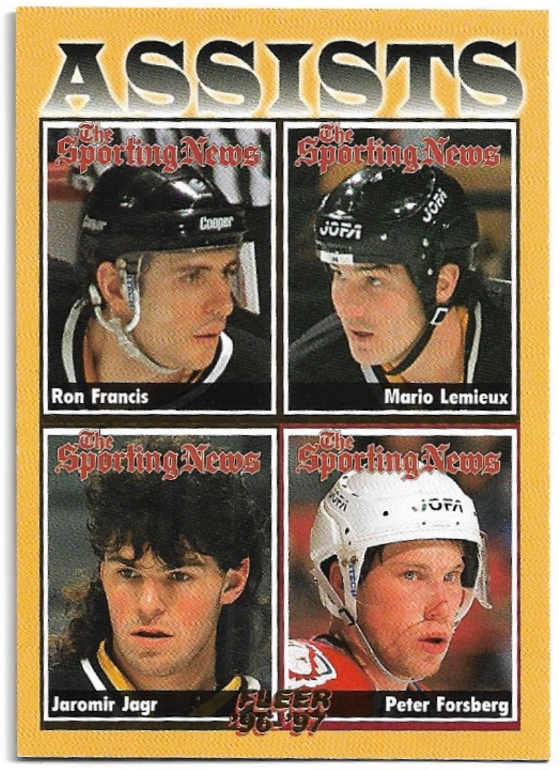 Ron Francis, Mario Lemieux, Jaromir Jagr, Peter Forsberg 96-97 Fleer (horší povrch)