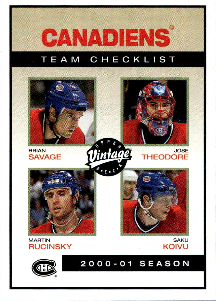 Team Checklist BRIAN SAVAGE/JOSE THEODORE/MARTIN RUČINSKÝ/SAKU KOIVU 01-02 UD Vintage