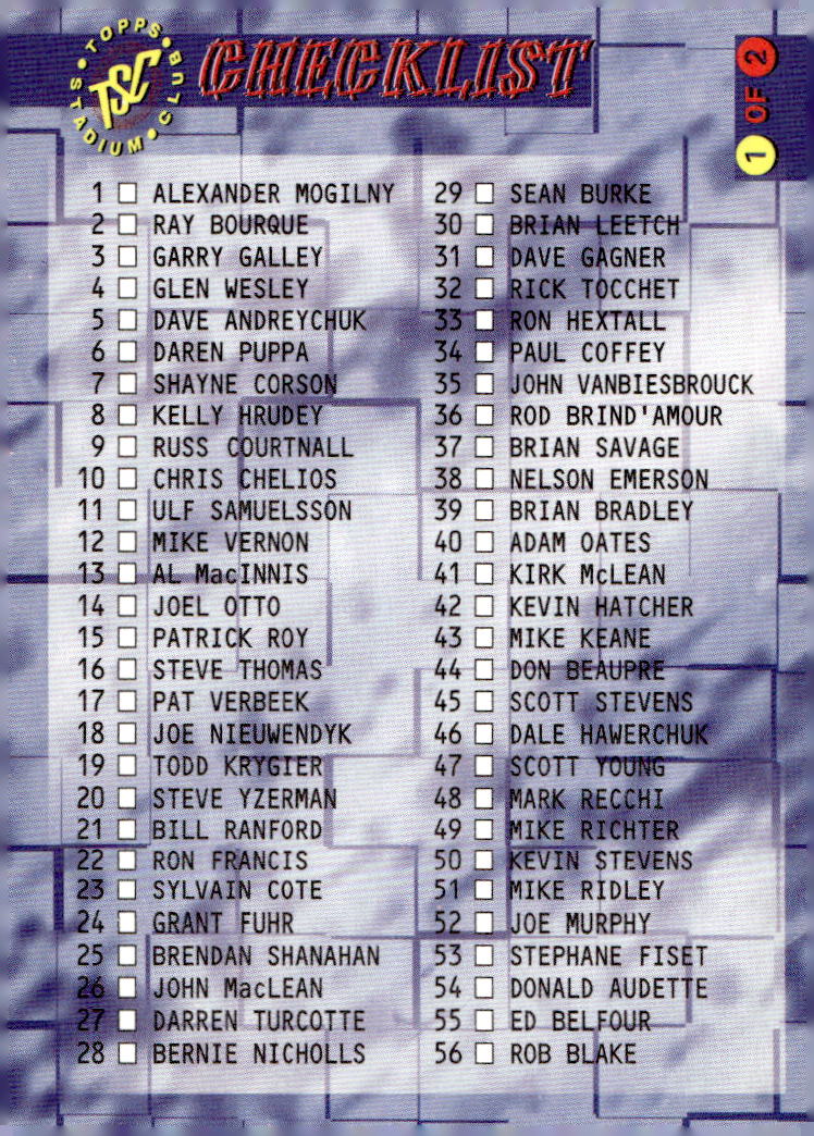Checklist 95-96 Topps Stadium Club