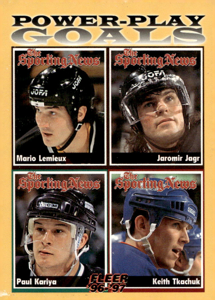 Power-Play Goals LEMIEUX/JÁGR/KARIYA/TKACHUK 96-97 Fleer (horší povrch vlevo dole)