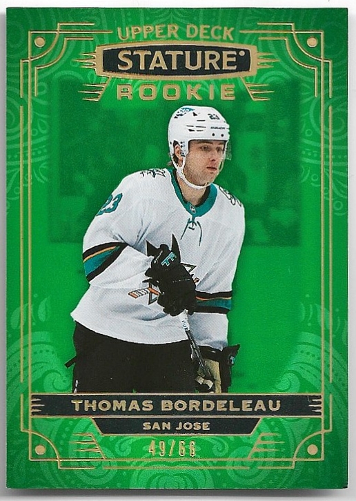 Rookie Photo Variation Green THOMAS BORDELEAU 22-23 UD Stature /66 (naražený růžek)