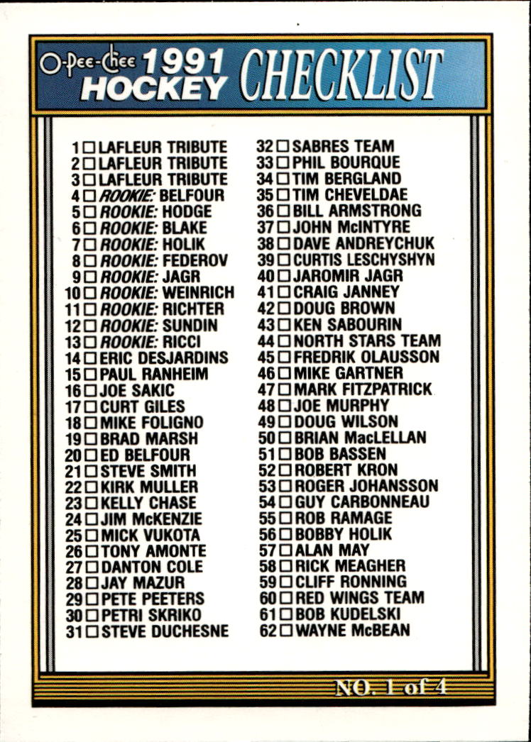 CHECKLIST 91-92 O-Pee-Chee