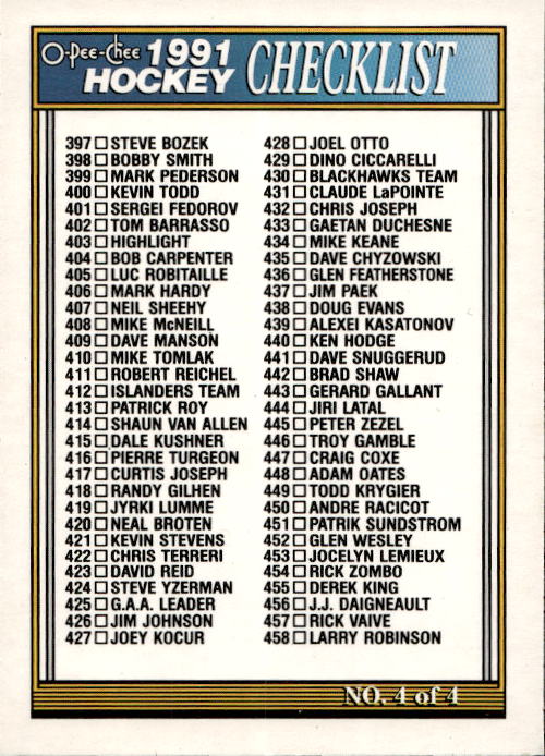 Checklist 91-92 O-Pee-Chee (malý flek zezadu karty)