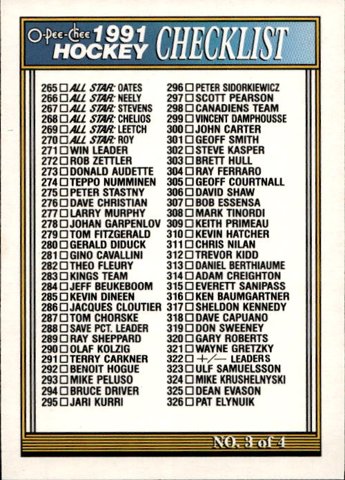 CHECKLIST 91-92 O-Pee-Chee